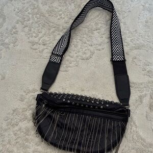 Black Studded Crossbody Bag with Chevron Strap
